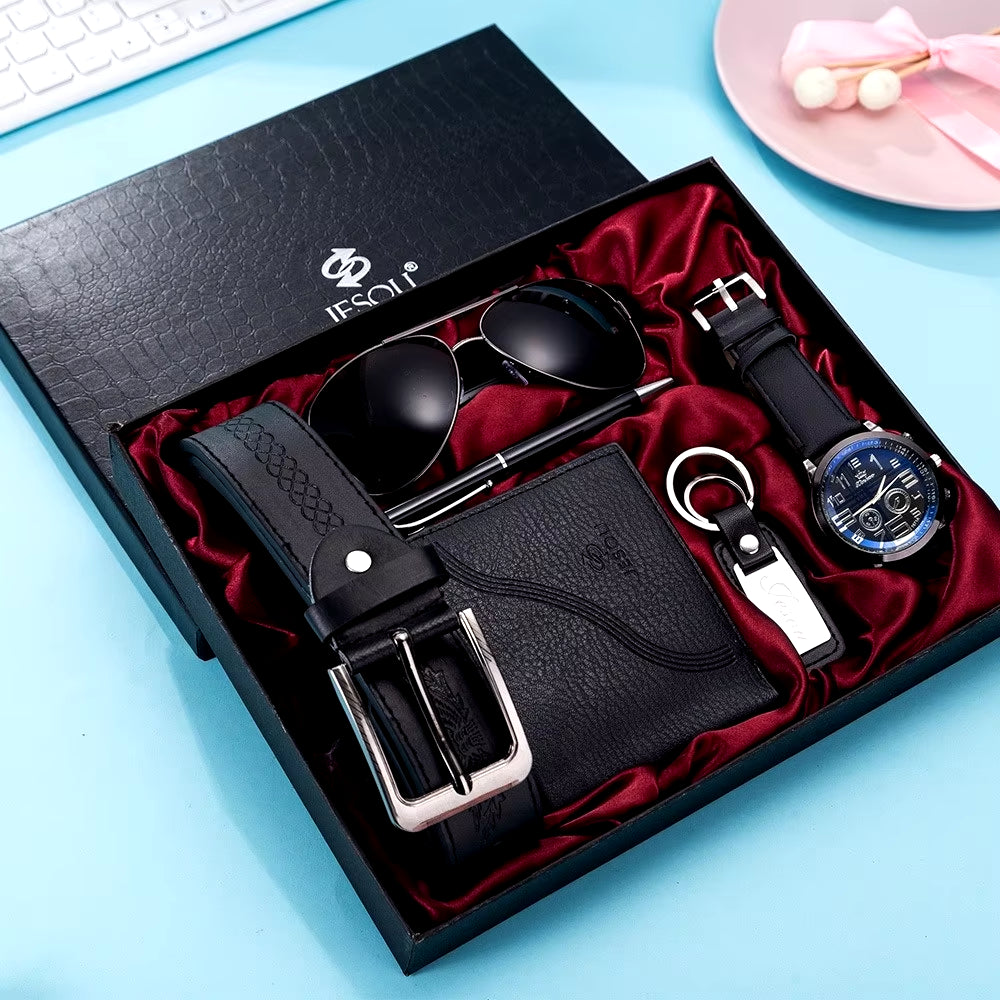 New 6Pcs/Set Fashion Mens Watches Set Gift Box Glasses Wallet Belt Pen Keychain Wristwatch Set Best Gifts Luxury Watch for Men