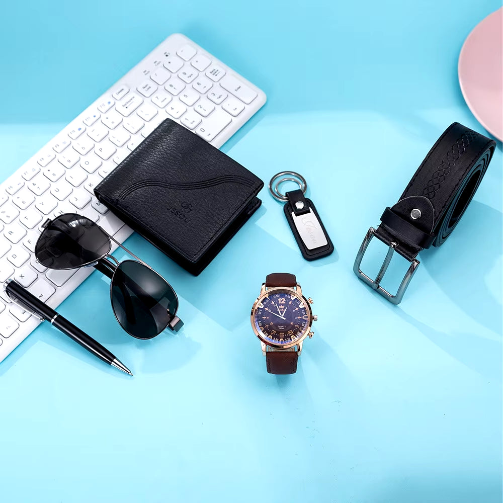 New 6Pcs/Set Fashion Mens Watches Set Gift Box Glasses Wallet Belt Pen Keychain Wristwatch Set Best Gifts Luxury Watch for Men