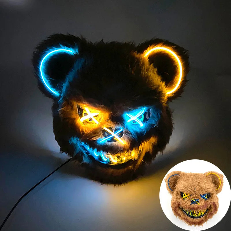 Hot Luminous LED Horror Mask for Halloween Cosplay Props Glowing Scary Mask Neon Light up Bloody Bear Mask Mascara Costume Decor